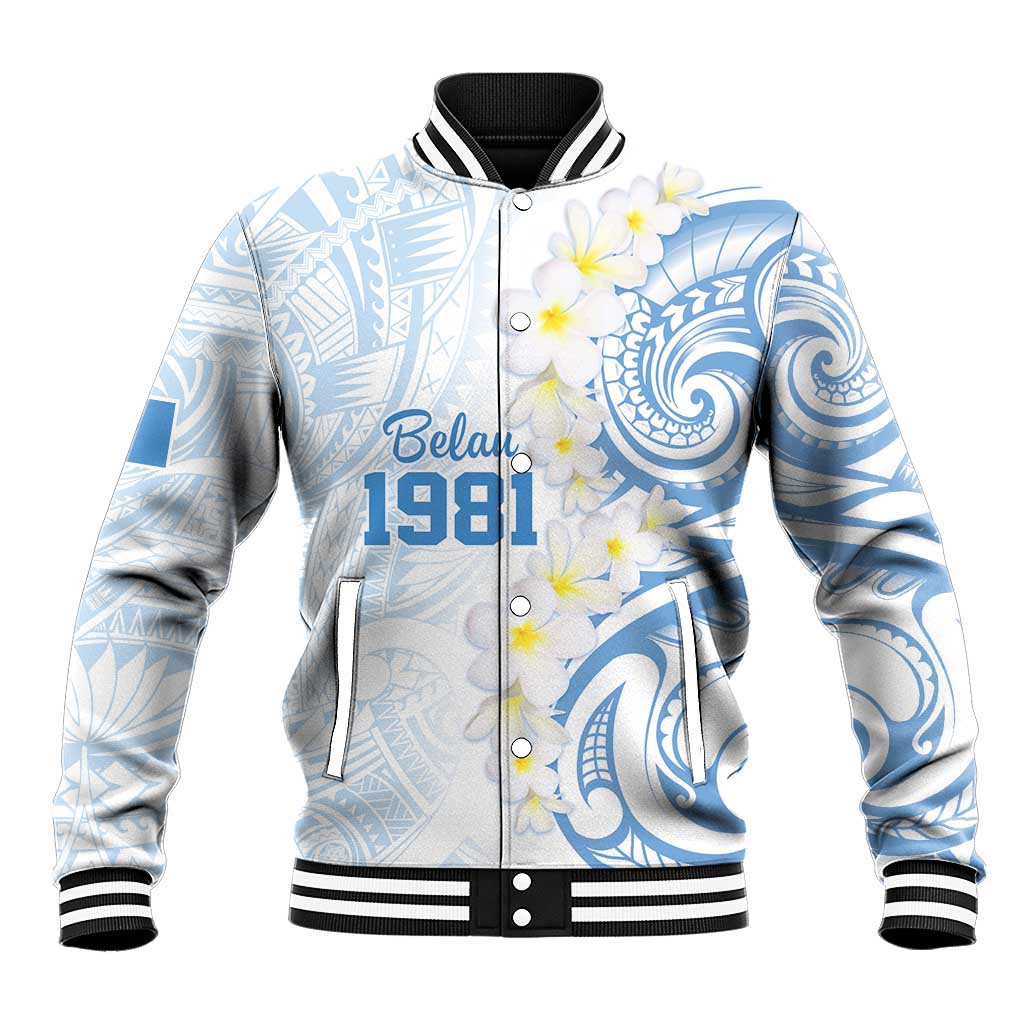 Palau 1981 Tribal Tattoo Baseball Jacket with Belau Plumeria Flowers LT9 Unisex White - Polynesian Pride