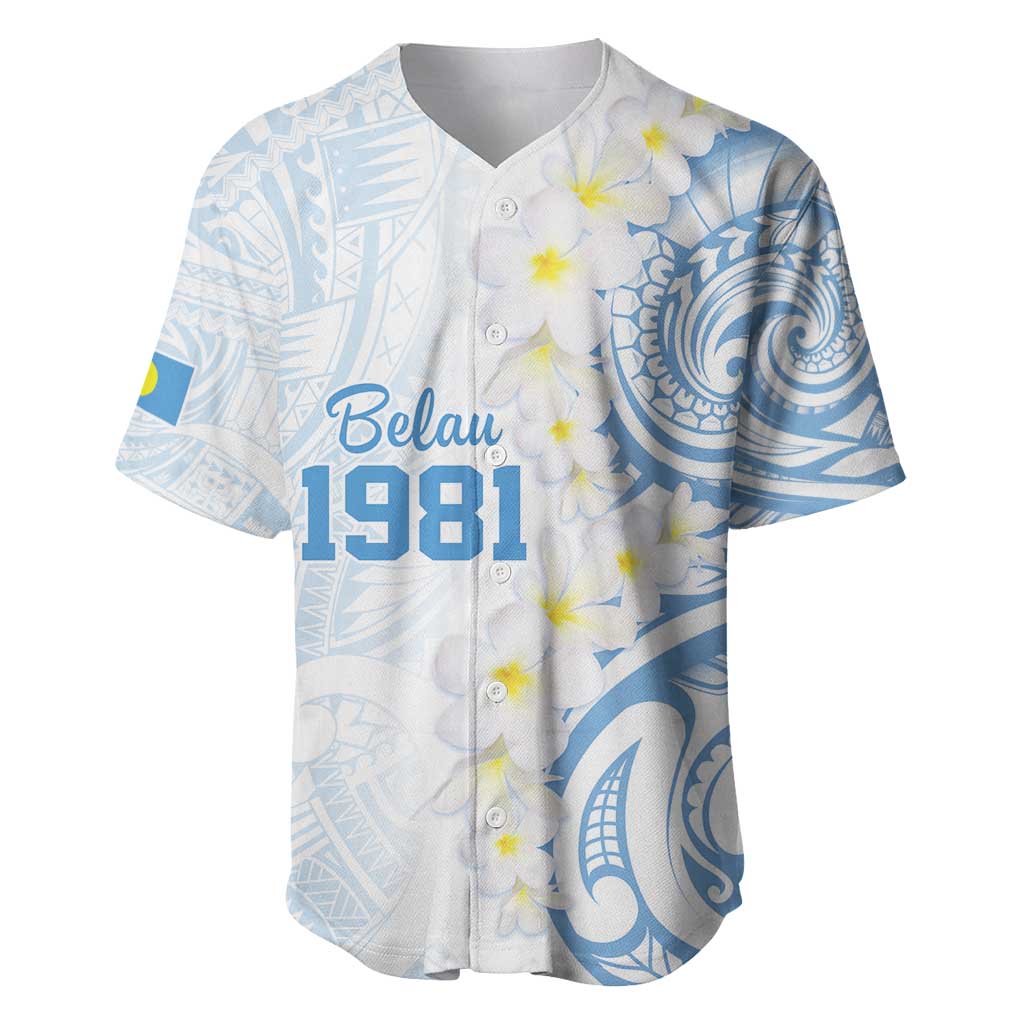 Palau 1981 Tribal Tattoo Baseball Jersey with Belau Plumeria Flowers LT9 White - Polynesian Pride