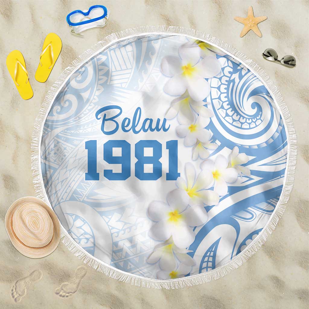 Palau 1981 Tribal Tattoo Beach Blanket with Belau Plumeria Flowers LT9 One Size 150cm White - Polynesian Pride