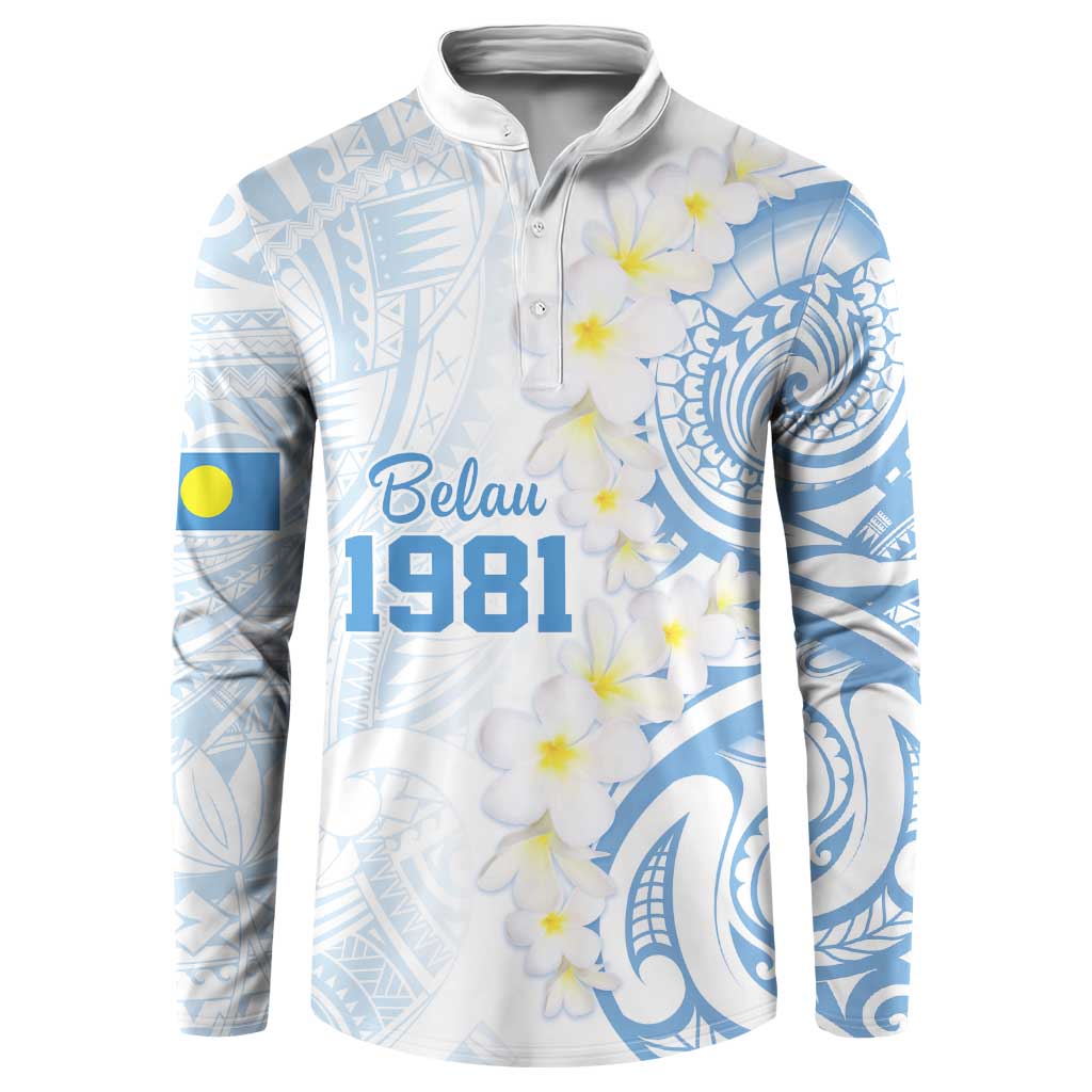 Palau 1981 Tribal Tattoo Button Sweatshirt with Belau Plumeria Flowers LT9 White - Polynesian Pride
