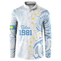 Palau 1981 Tribal Tattoo Button Sweatshirt with Belau Plumeria Flowers LT9 White - Polynesian Pride