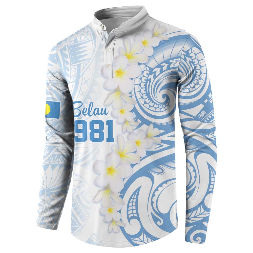 Palau 1981 Tribal Tattoo Button Sweatshirt with Belau Plumeria Flowers LT9 - Polynesian Pride