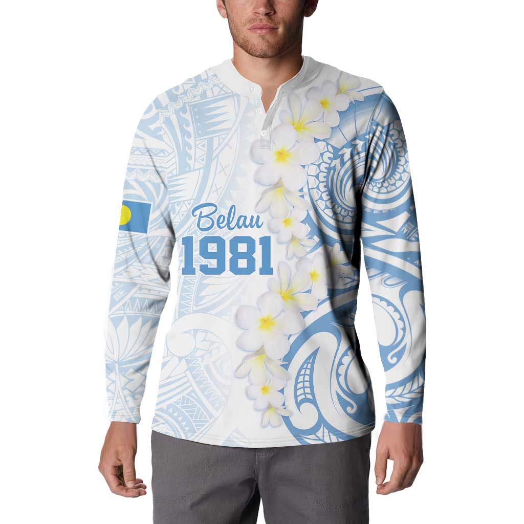 Palau 1981 Tribal Tattoo Button Sweatshirt with Belau Plumeria Flowers LT9 - Polynesian Pride