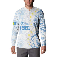 Palau 1981 Tribal Tattoo Button Sweatshirt with Belau Plumeria Flowers LT9 - Polynesian Pride