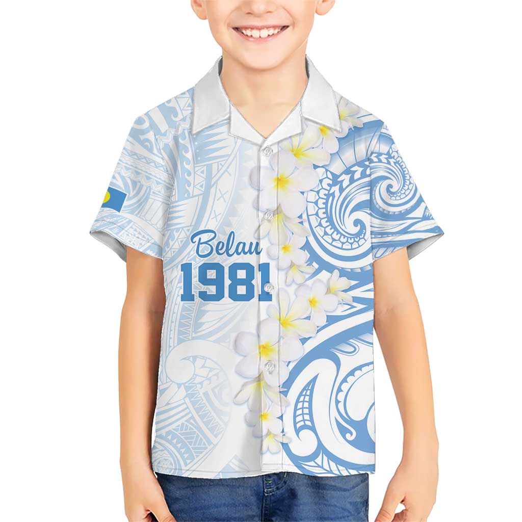 Palau 1981 Tribal Tattoo Kid Hawaiian Shirt with Belau Plumeria Flowers LT9 Kid White - Polynesian Pride