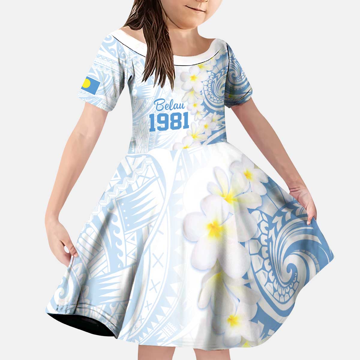 Palau 1981 Tribal Tattoo Kid Short Sleeve Dress with Belau Plumeria Flowers LT9 KID White - Polynesian Pride