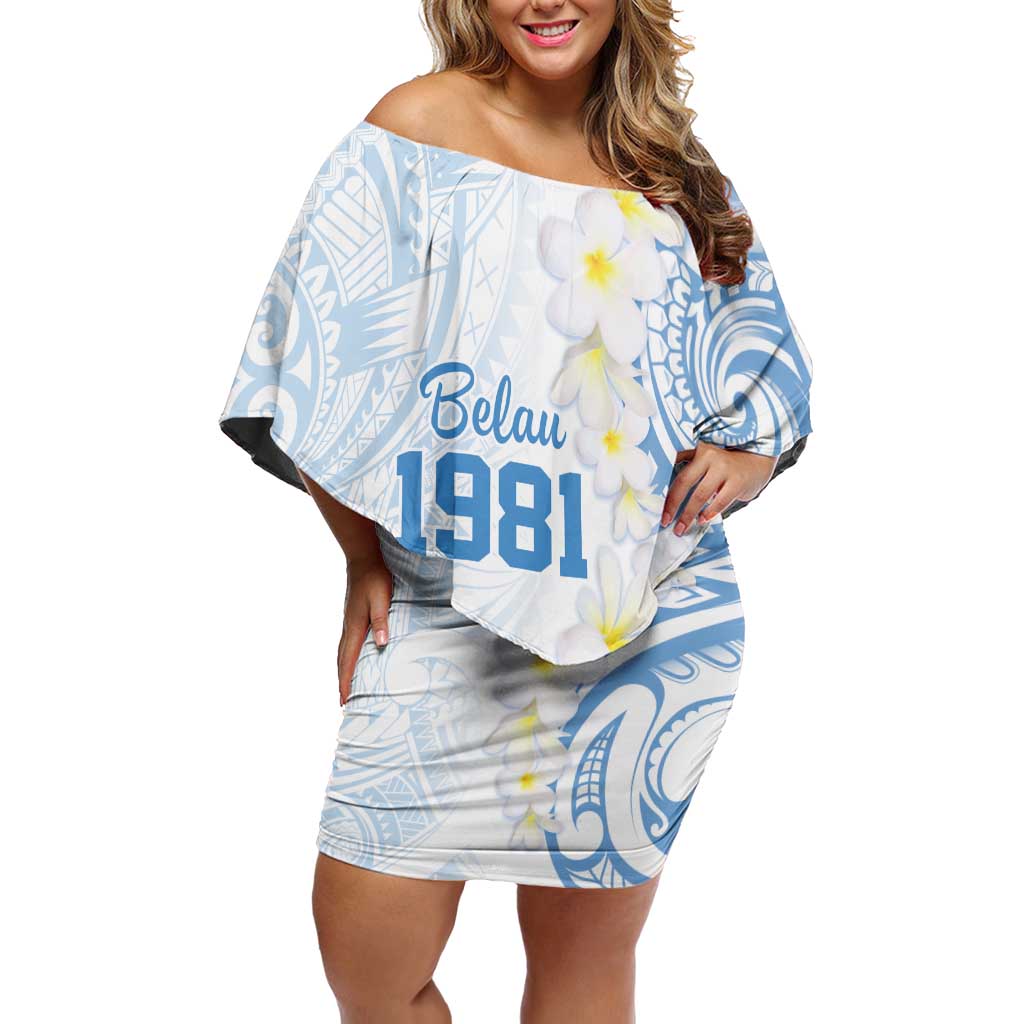 Palau 1981 Tribal Tattoo Off Shoulder Short Dress with Belau Plumeria Flowers LT9 Women White - Polynesian Pride
