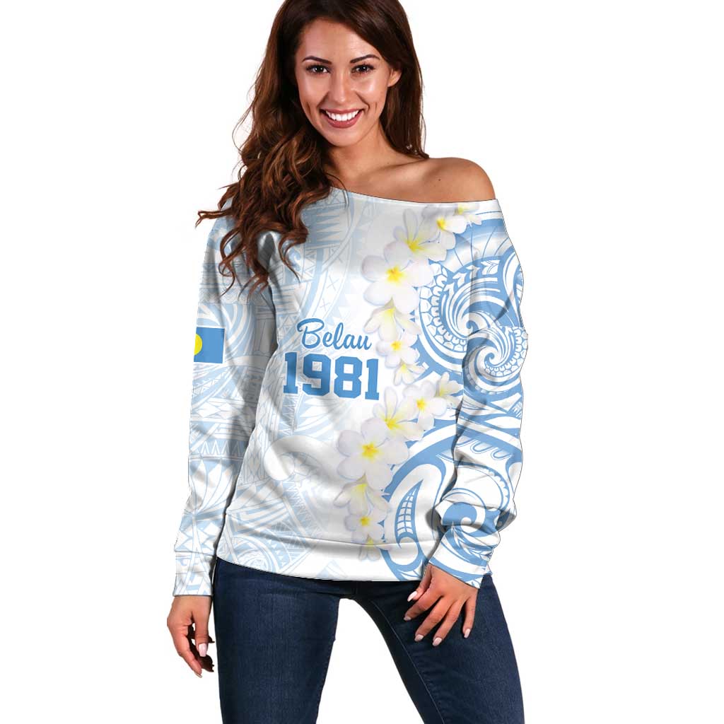 Palau 1981 Tribal Tattoo Off Shoulder Sweater with Belau Plumeria Flowers LT9 Women White - Polynesian Pride