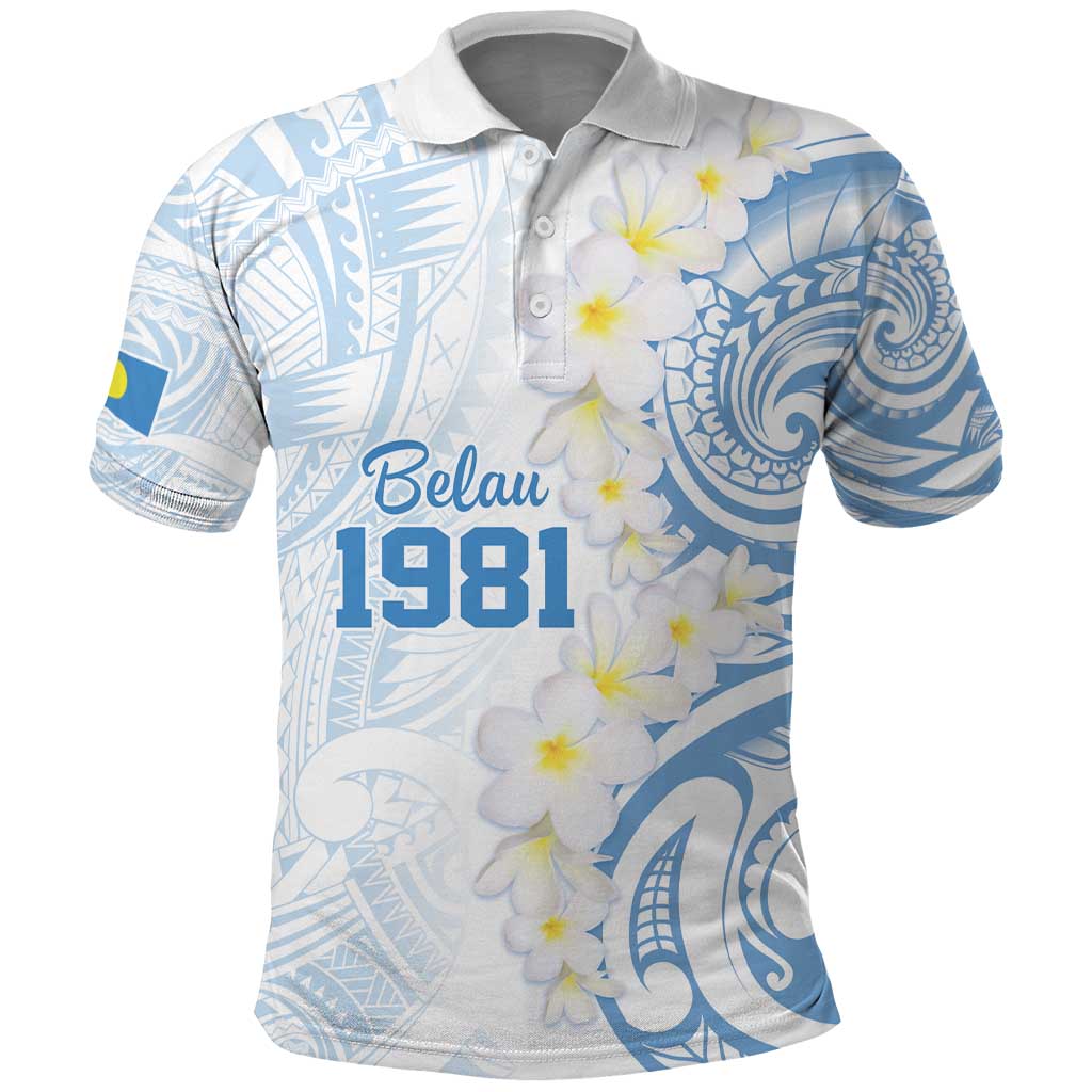 Palau 1981 Tribal Tattoo Polo Shirt with Belau Plumeria Flowers