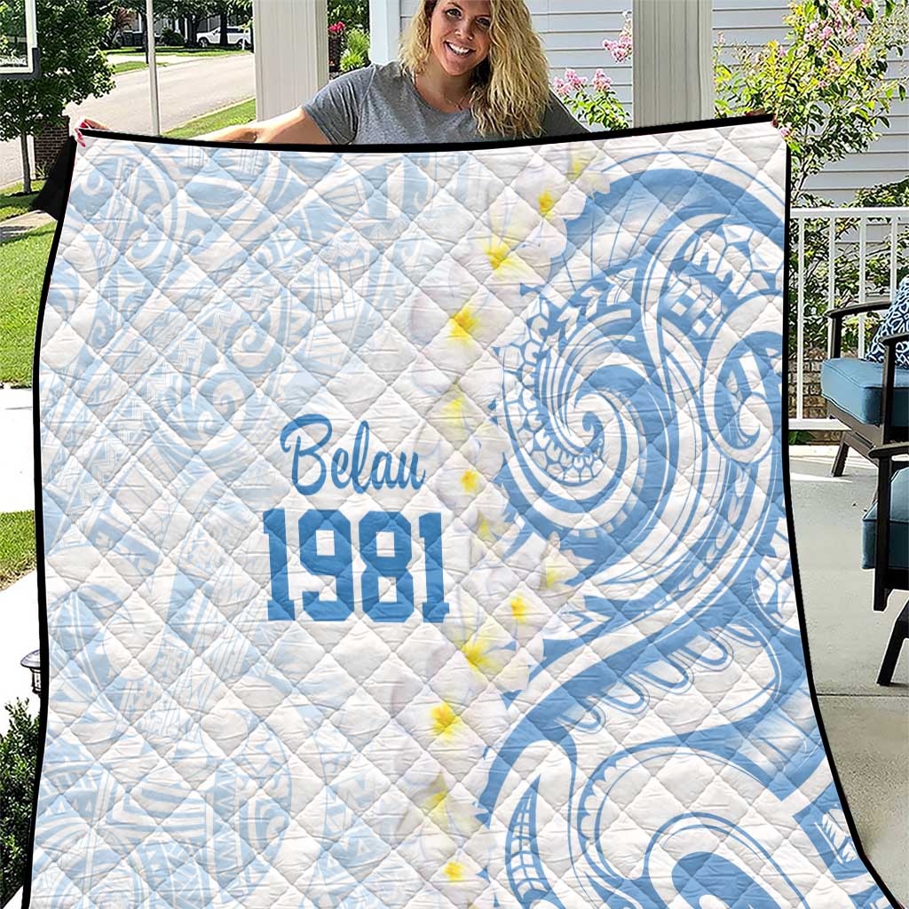 Palau 1981 Tribal Tattoo Quilt with Belau Plumeria Flowers LT9 White - Polynesian Pride