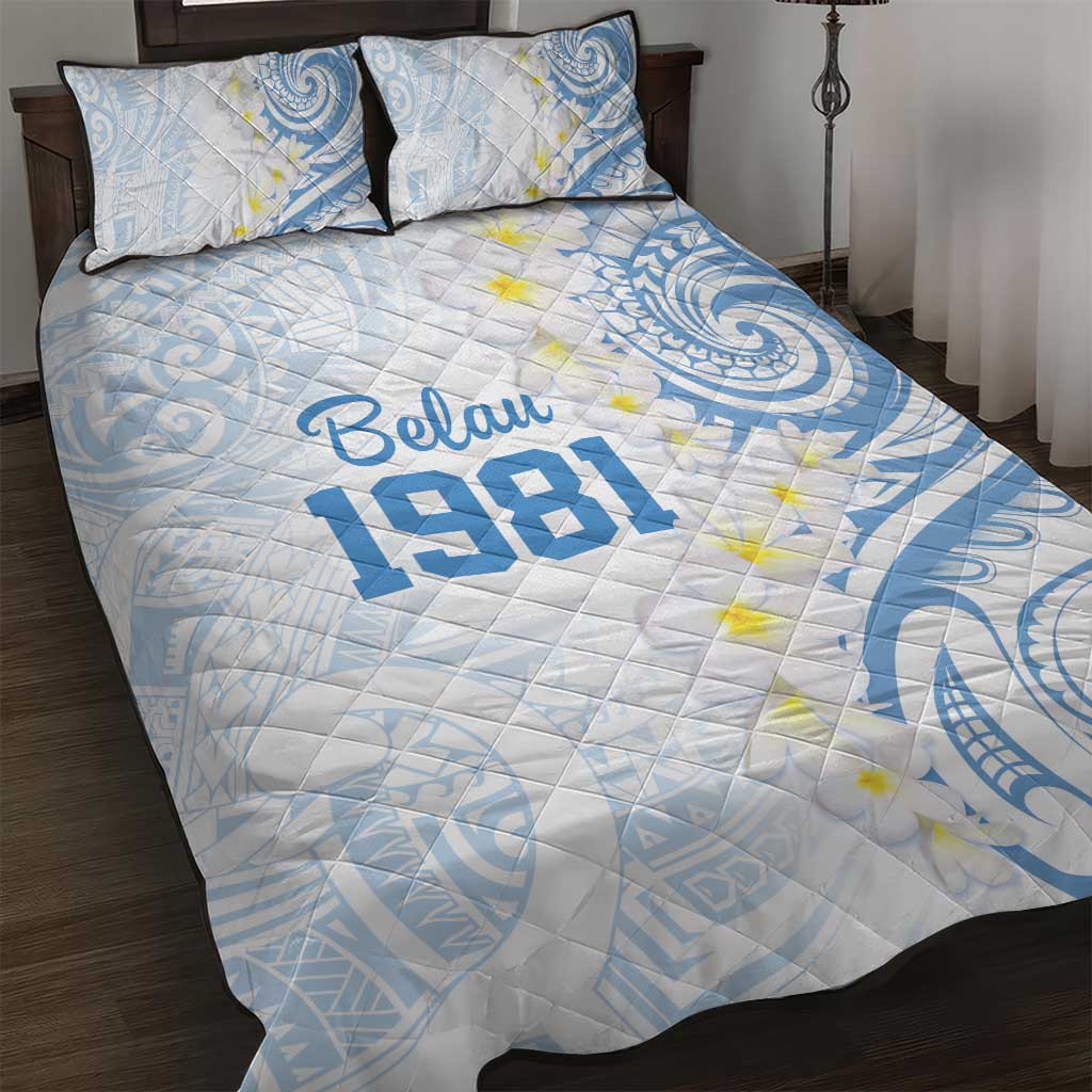 Palau 1981 Tribal Tattoo Quilt Bed Set with Belau Plumeria Flowers LT9 White - Polynesian Pride