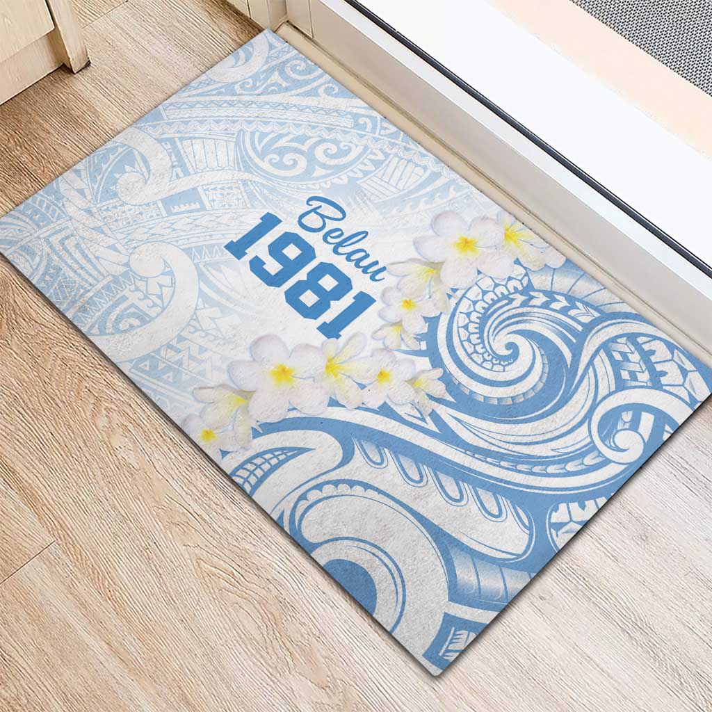 Palau 1981 Tribal Tattoo Rubber Doormat with Belau Plumeria Flowers LT9 - Polynesian Pride