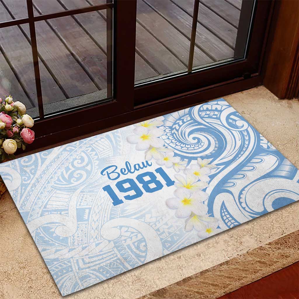 Palau 1981 Tribal Tattoo Rubber Doormat with Belau Plumeria Flowers LT9 - Polynesian Pride