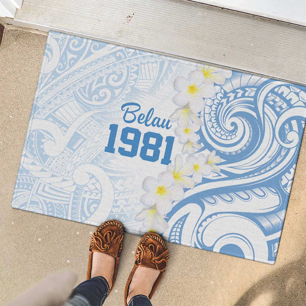 Palau 1981 Tribal Tattoo Rubber Doormat with Belau Plumeria Flowers LT9 - Polynesian Pride