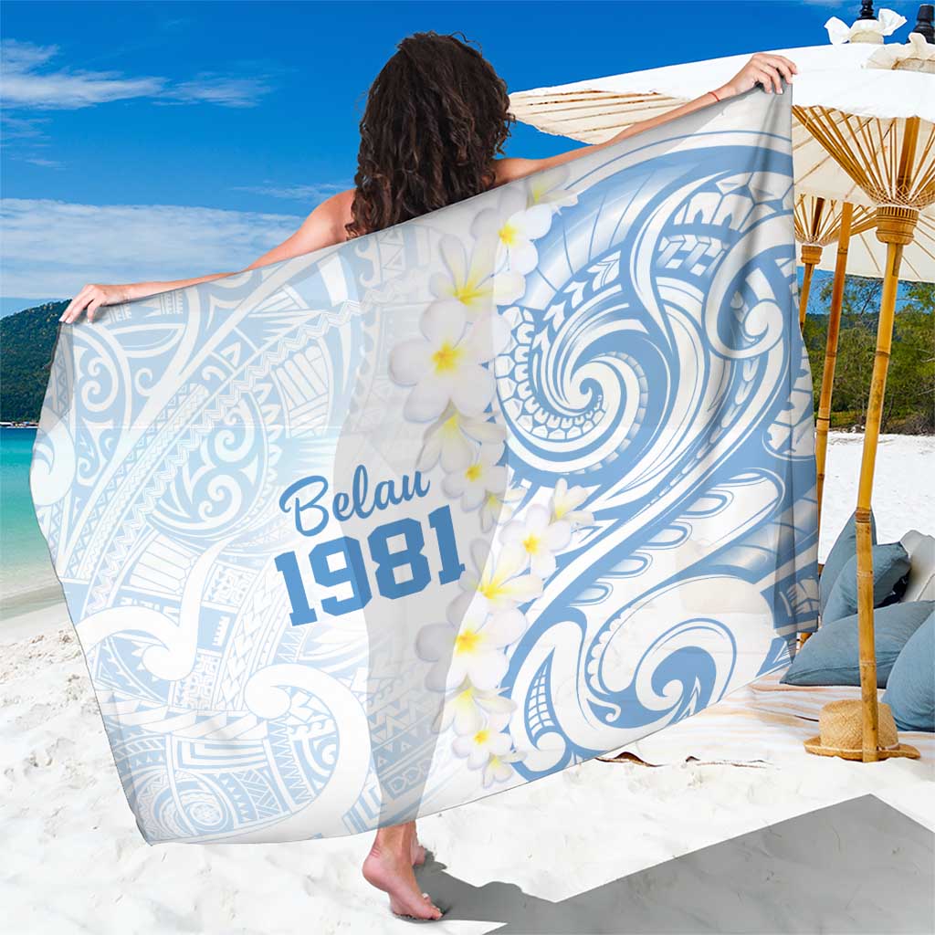 Palau 1981 Tribal Tattoo Sarong with Belau Plumeria Flowers LT9 One Size 44 x 66 inches White - Polynesian Pride
