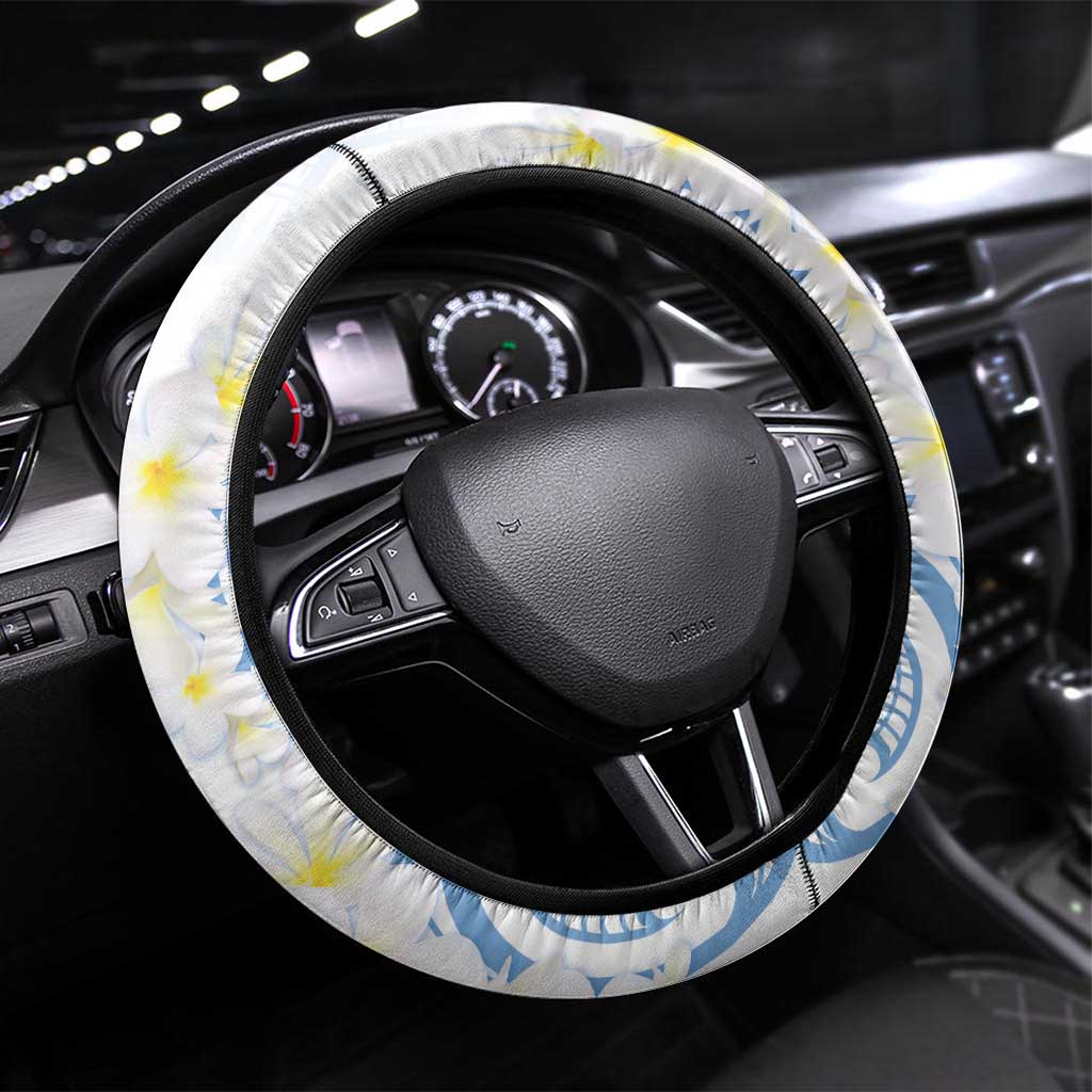 Palau 1981 Tribal Tattoo Steering Wheel Cover with Belau Plumeria Flowers LT9 Universal Fit White - Polynesian Pride