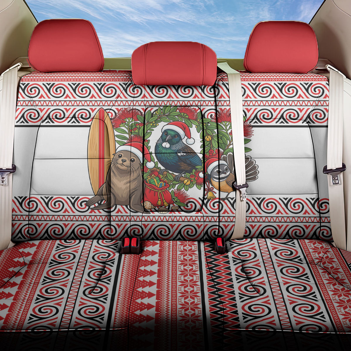 New Zealand Animal Christmas Back Car Seat Cover Maori Inspired Kowhaiwhai Patterns LT9 One Size Red - Polynesian Pride