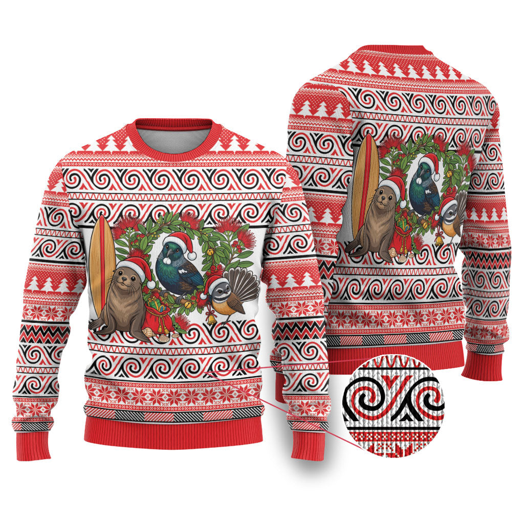 New Zealand Animal Christmas Ugly Christmas Sweater Maori Inspired Kowhaiwhai Patterns LT9 Red - Polynesian Pride