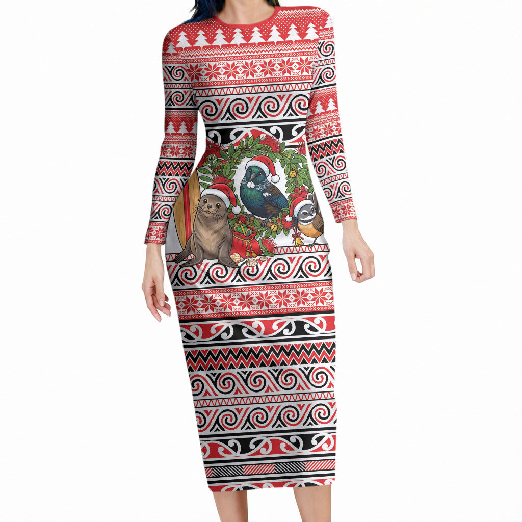 New Zealand Animal Christmas Long Sleeve Bodycon Dress Maori Inspired Kowhaiwhai Patterns LT9 Long Dress Red - Polynesian Pride
