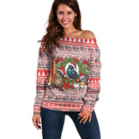 New Zealand Animal Christmas Off Shoulder Sweater Maori Inspired Kowhaiwhai Patterns LT9 Women Red - Polynesian Pride