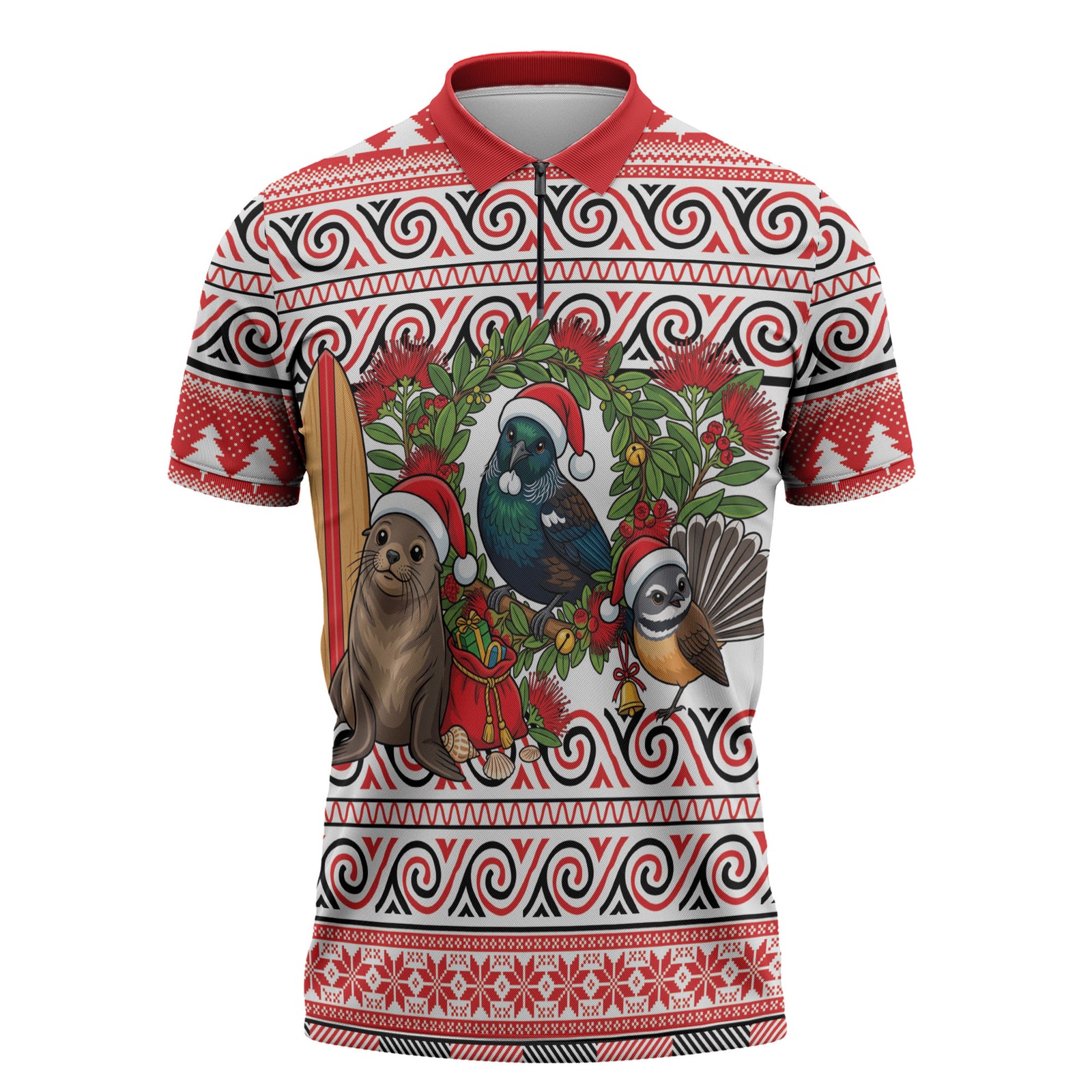 New Zealand Animal Christmas Zipper Polo Shirt Maori Inspired Kowhaiwhai Patterns LT9 Red - Polynesian Pride