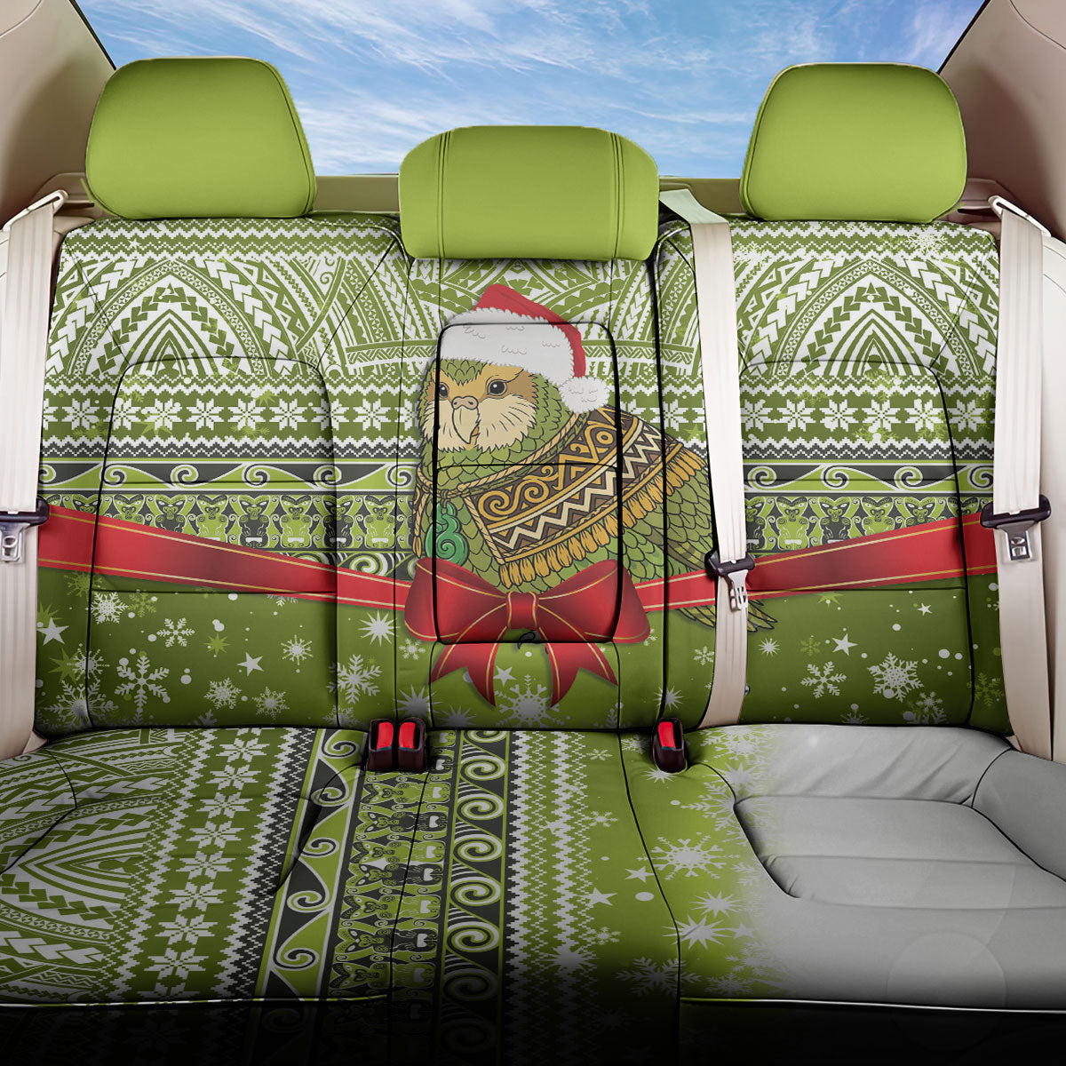 New Zealand Kakapo Christmas Back Car Seat Cover Maori Inspired Knitted Patterns LT9 One Size Green - Polynesian Pride