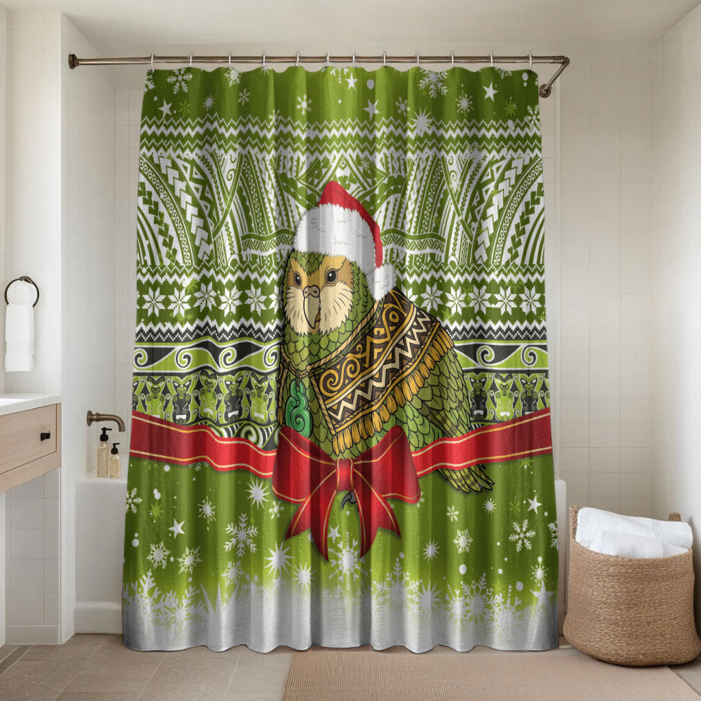 New Zealand Kakapo Christmas Bathroom Set Maori Inspired Knitted Patterns LT9 Shower Curtain Only Green - Polynesian Pride
