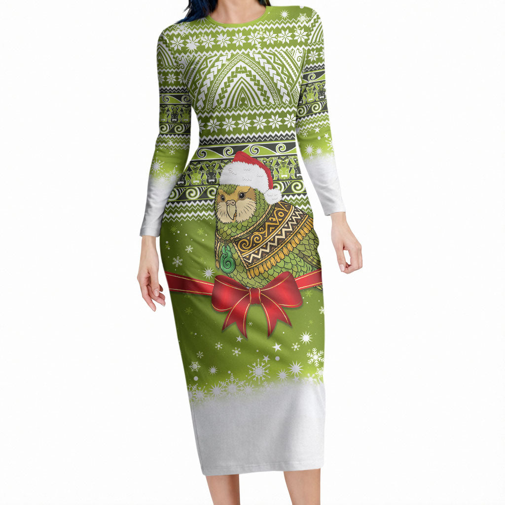 New Zealand Kakapo Christmas Long Sleeve Bodycon Dress Maori Inspired Knitted Patterns LT9 Long Dress Green - Polynesian Pride