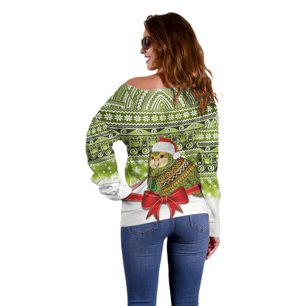 New Zealand Kakapo Christmas Off Shoulder Sweater Maori Inspired Knitted Patterns LT9 - Polynesian Pride