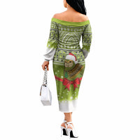 New Zealand Kakapo Christmas Off The Shoulder Long Sleeve Dress Maori Inspired Knitted Patterns LT9 - Polynesian Pride