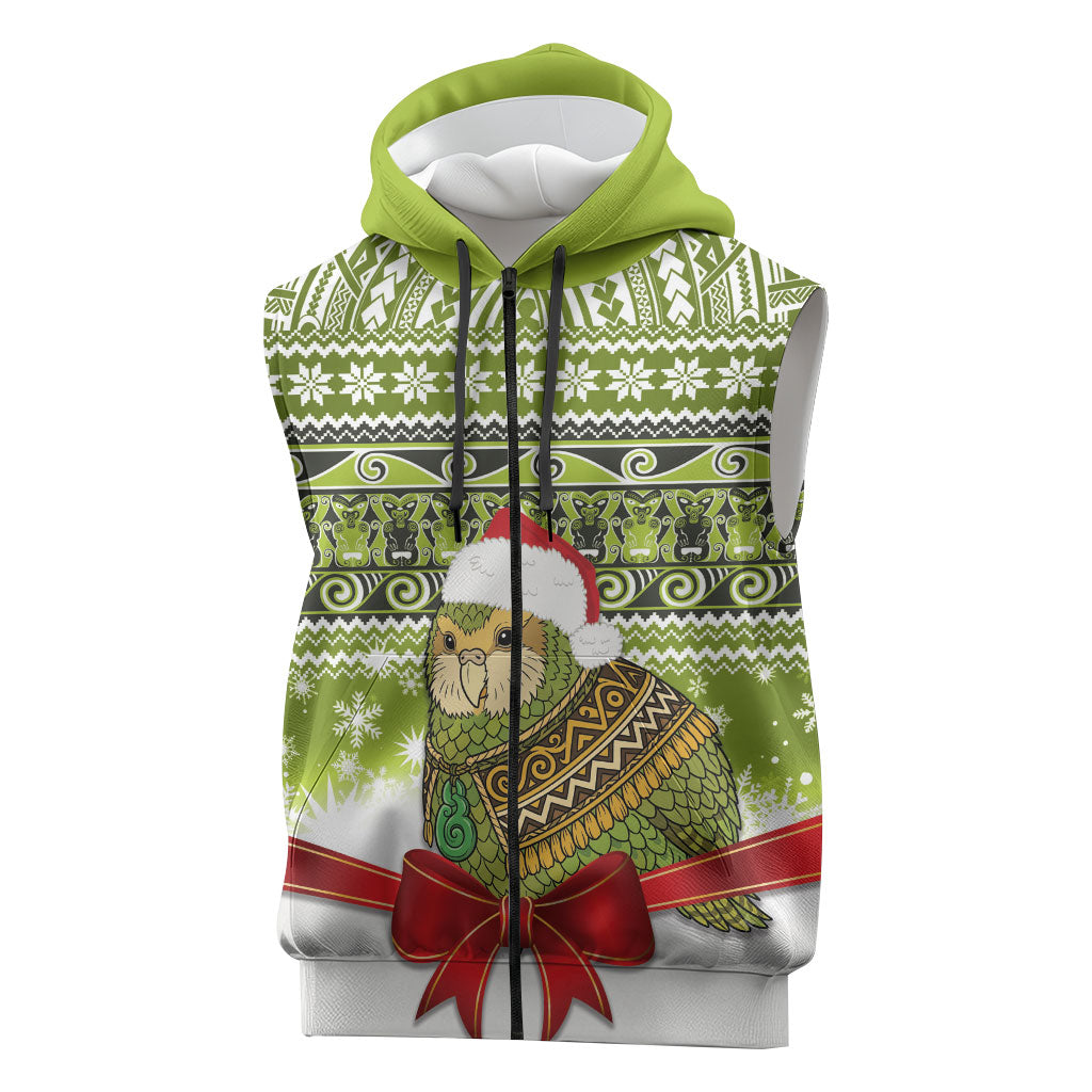 New Zealand Kakapo Christmas Sleeveless Zip Hoodie Maori Inspired Knitted Patterns LT9 Green - Polynesian Pride