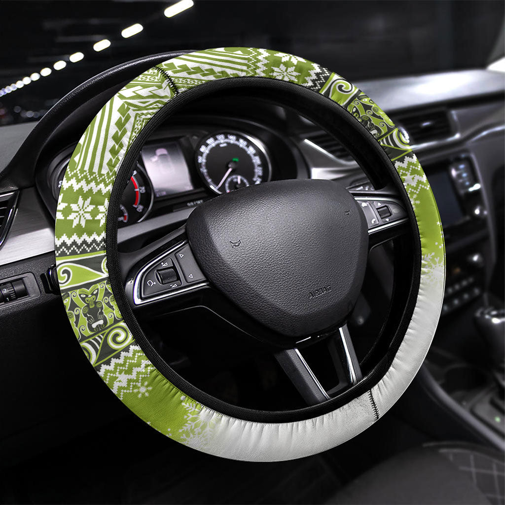New Zealand Kakapo Christmas Steering Wheel Cover Maori Inspired Knitted Patterns LT9 Universal Fit Green - Polynesian Pride