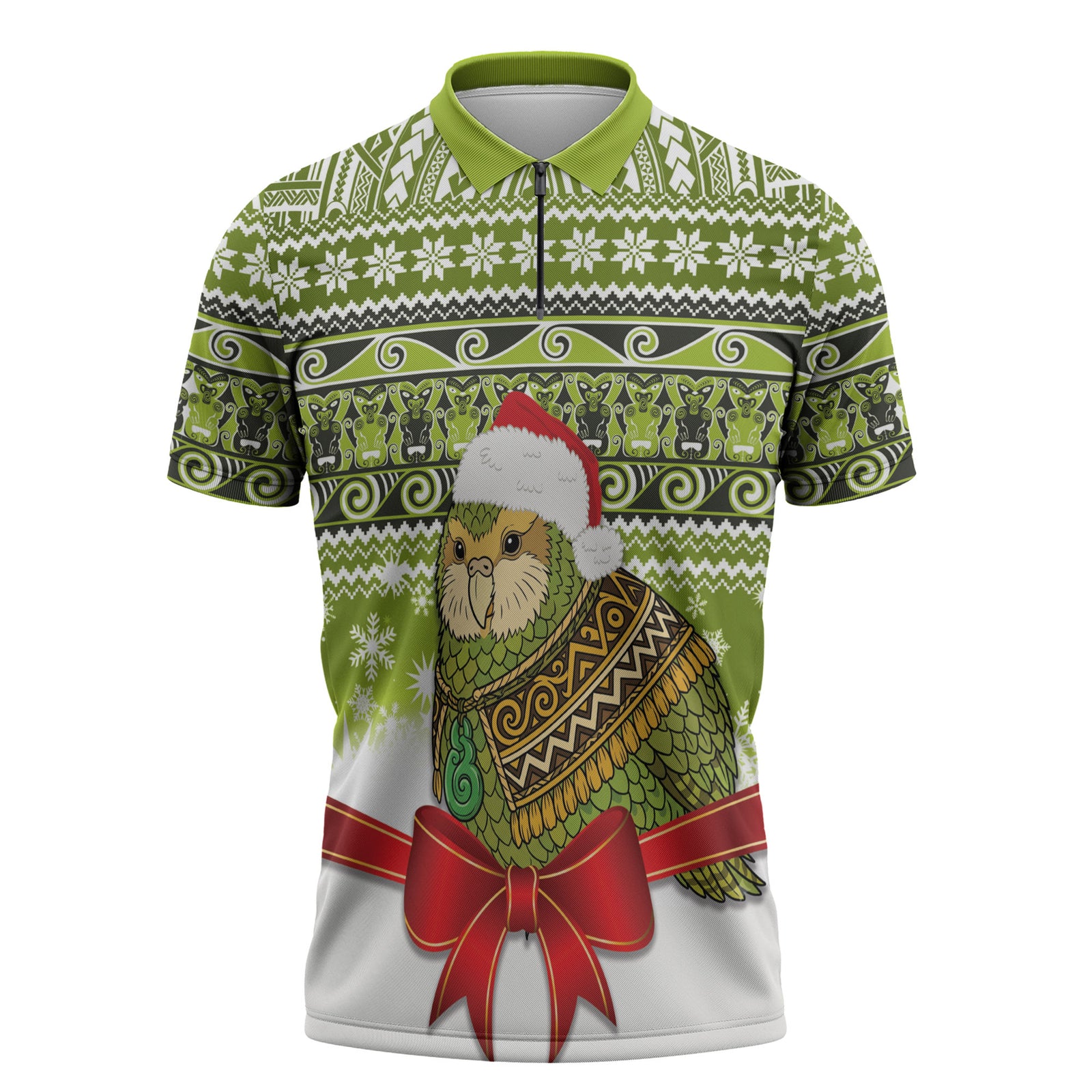 New Zealand Kakapo Christmas Zipper Polo Shirt Maori Inspired Knitted Patterns LT9 Green - Polynesian Pride