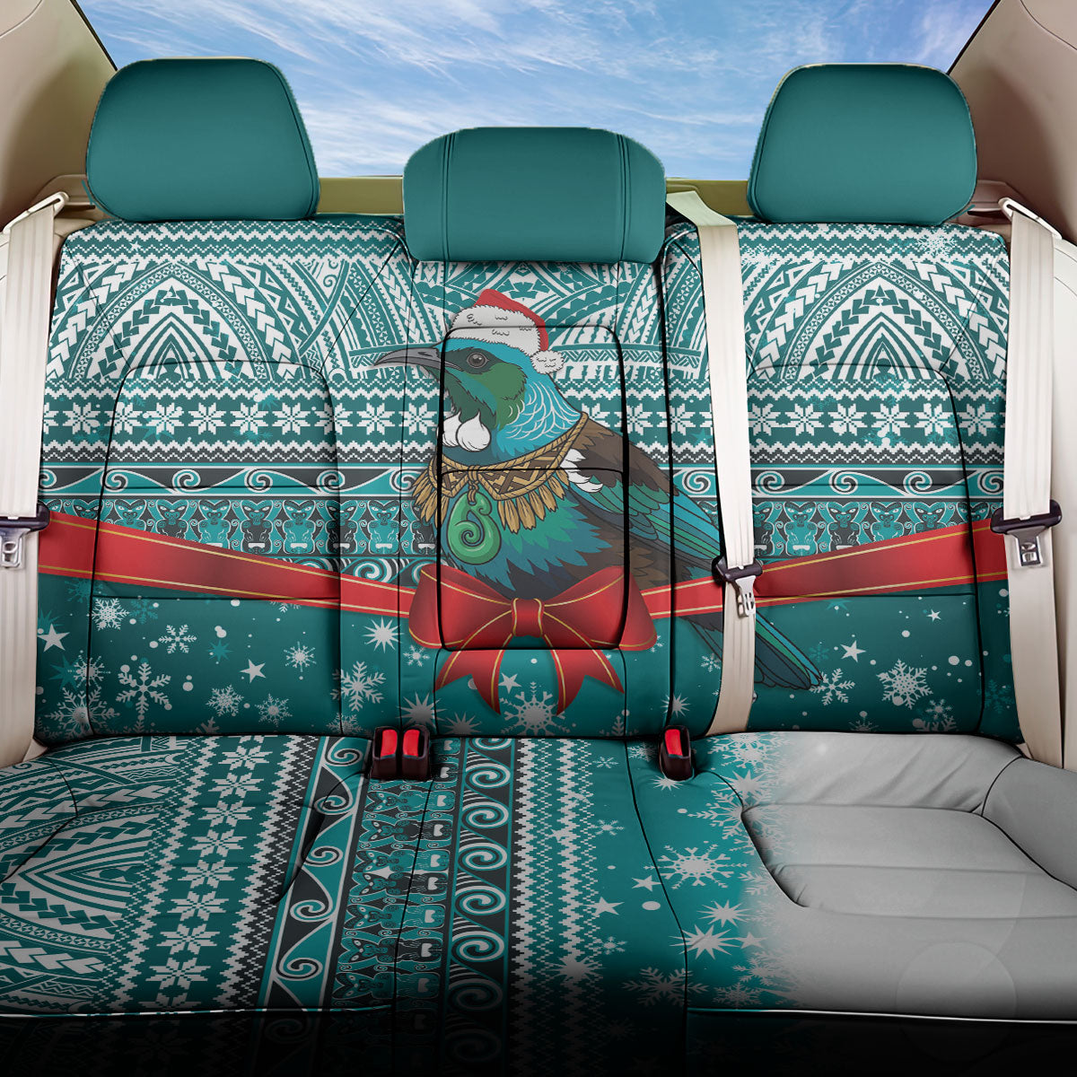 New Zealand Tui Bird Christmas Back Car Seat Cover Maori Inspired Knitted Patterns LT9 One Size Turquoise - Polynesian Pride