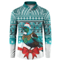 New Zealand Tui Bird Christmas Button Sweatshirt Maori Inspired Knitted Patterns LT9 Turquoise - Polynesian Pride