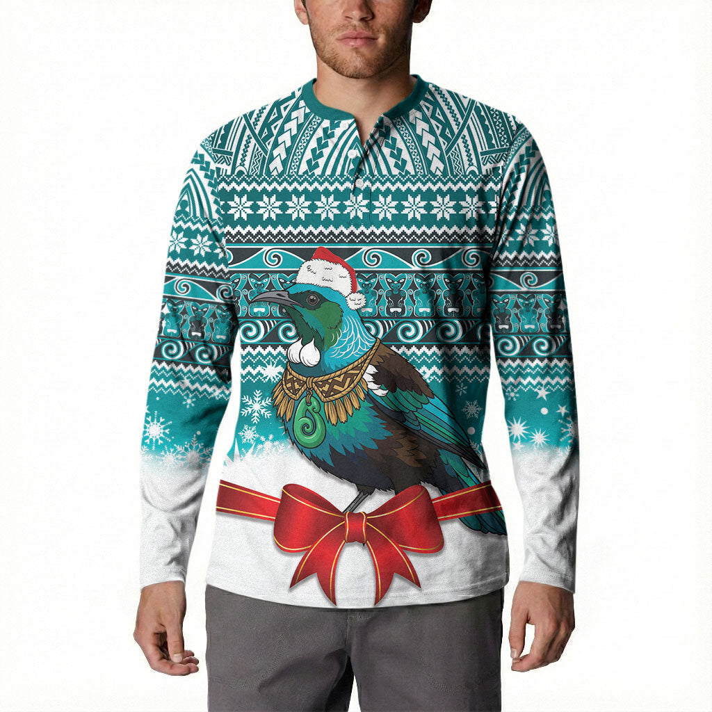 New Zealand Tui Bird Christmas Button Sweatshirt Maori Inspired Knitted Patterns LT9 - Polynesian Pride