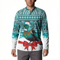New Zealand Tui Bird Christmas Button Sweatshirt Maori Inspired Knitted Patterns LT9 - Polynesian Pride