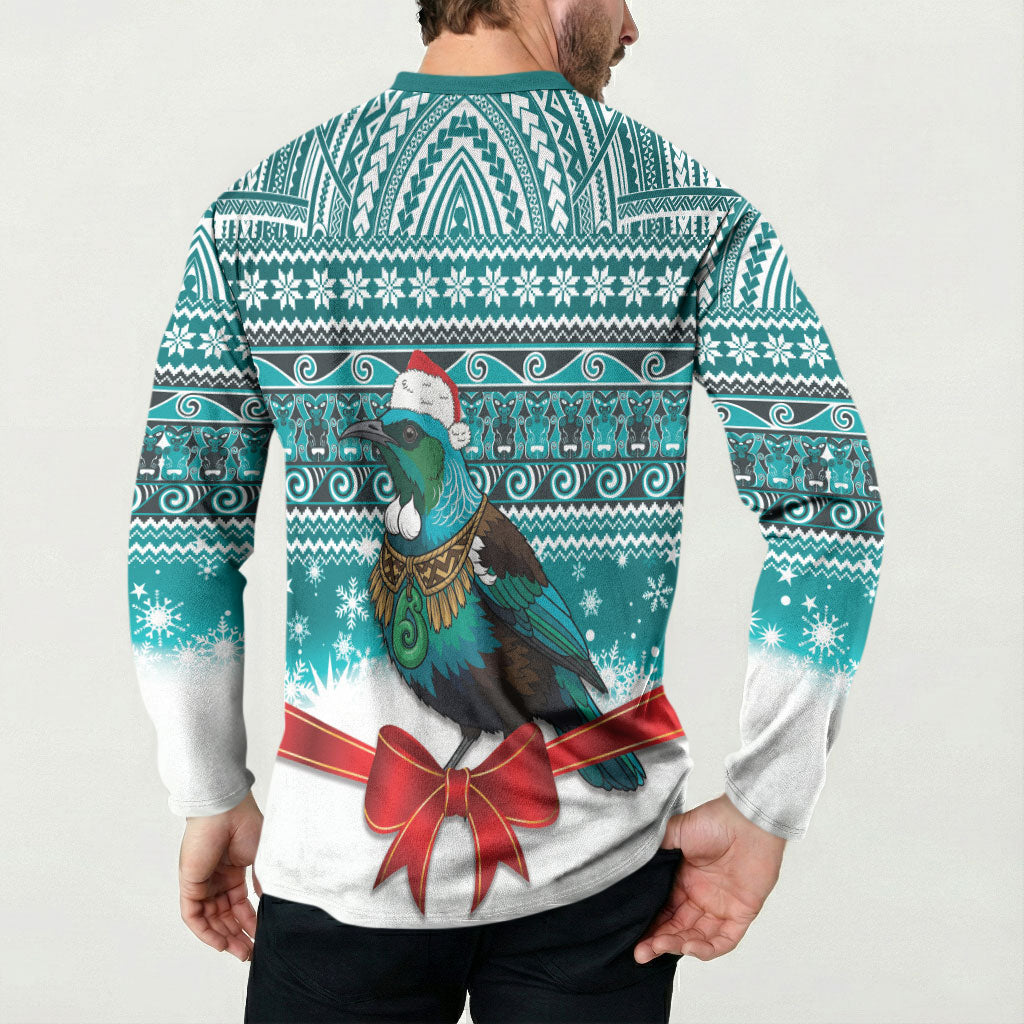New Zealand Tui Bird Christmas Button Sweatshirt Maori Inspired Knitted Patterns LT9 - Polynesian Pride
