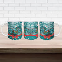 New Zealand Tui Bird Christmas Ceramic Mug Maori Inspired Knitted Patterns