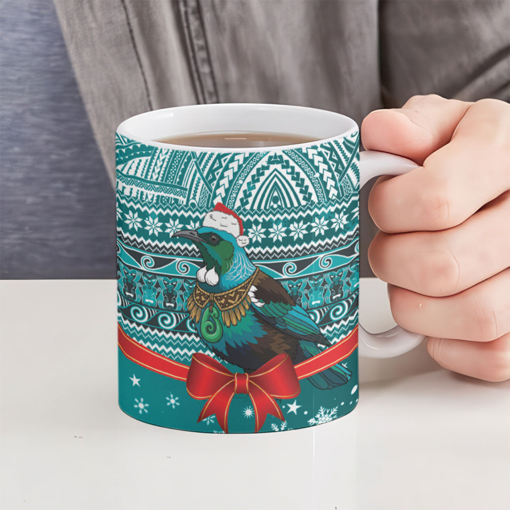 New Zealand Tui Bird Christmas Ceramic Mug Maori Inspired Knitted Patterns