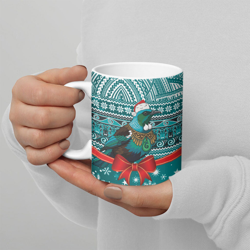New Zealand Tui Bird Christmas Ceramic Mug Maori Inspired Knitted Patterns