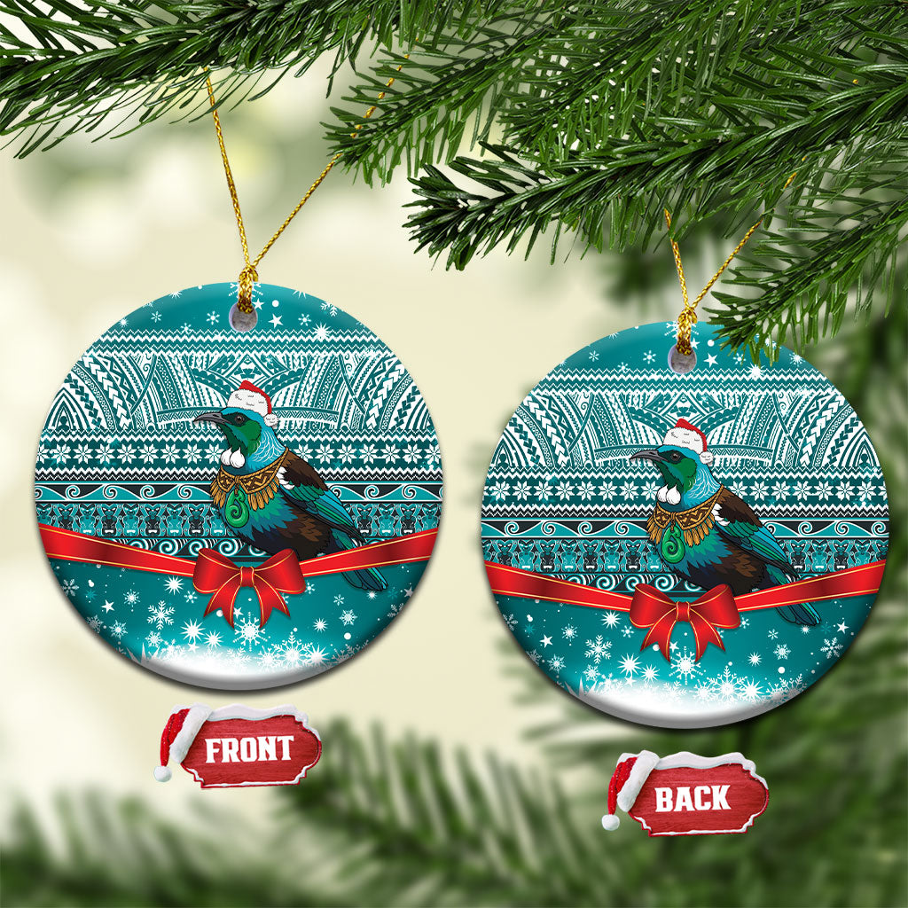 New Zealand Tui Bird Christmas Ceramic Ornament Maori Inspired Knitted Patterns LT9 Circle Turquoise - Polynesian Pride