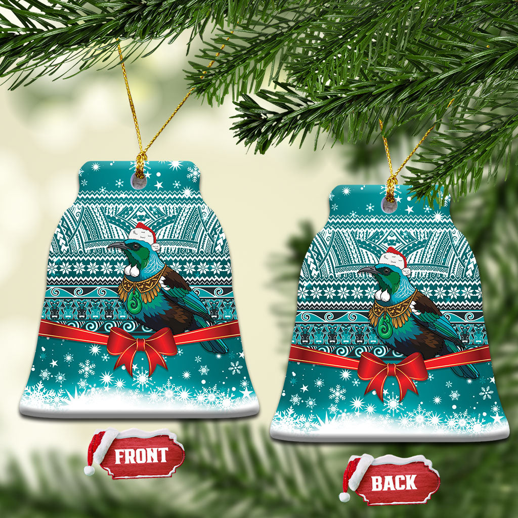 New Zealand Tui Bird Christmas Ceramic Ornament Maori Inspired Knitted Patterns LT9 Bell Flake Turquoise - Polynesian Pride
