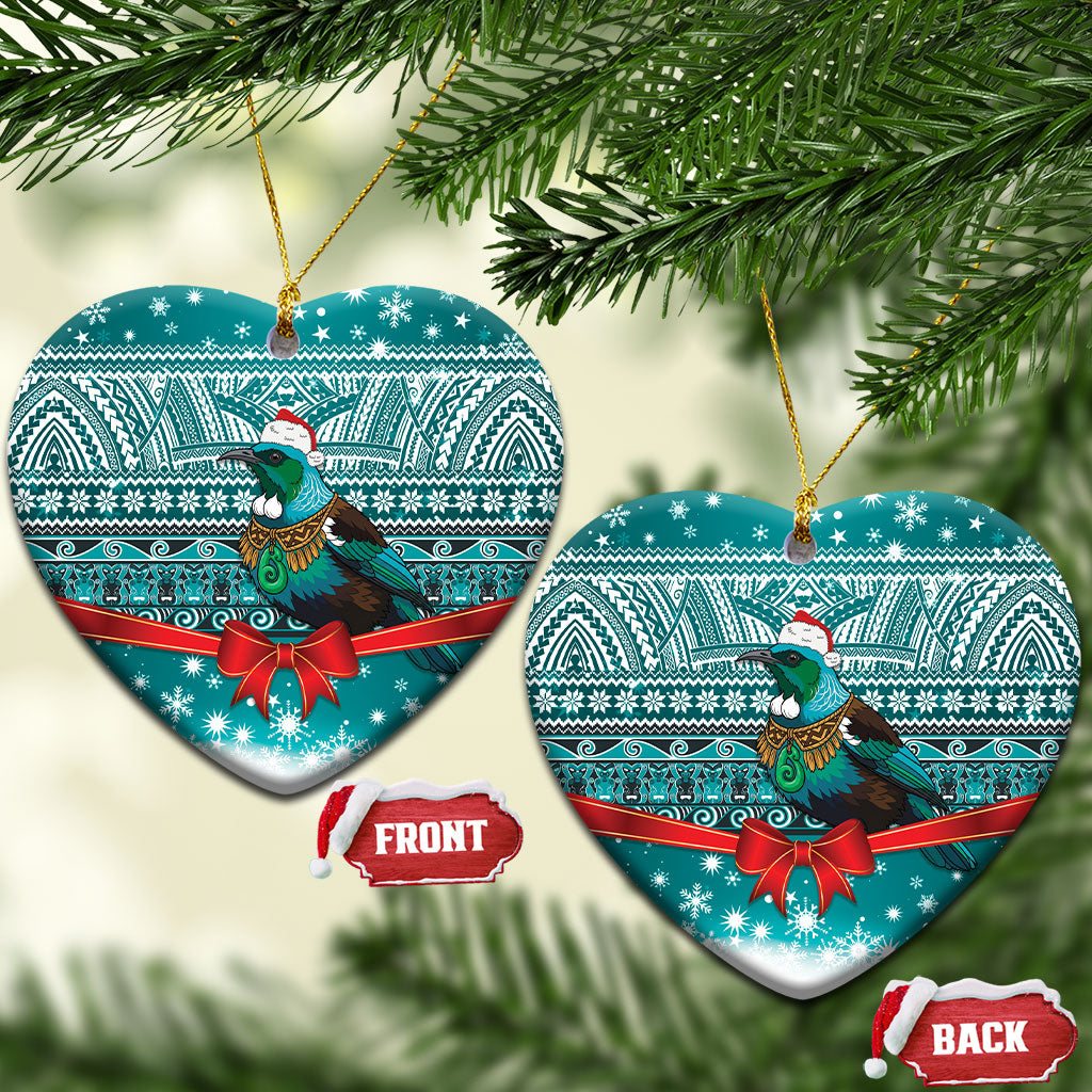 New Zealand Tui Bird Christmas Ceramic Ornament Maori Inspired Knitted Patterns LT9 Heart Turquoise - Polynesian Pride