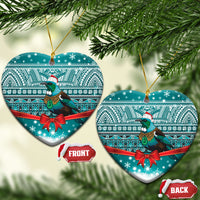 New Zealand Tui Bird Christmas Ceramic Ornament Maori Inspired Knitted Patterns LT9 Heart Turquoise - Polynesian Pride