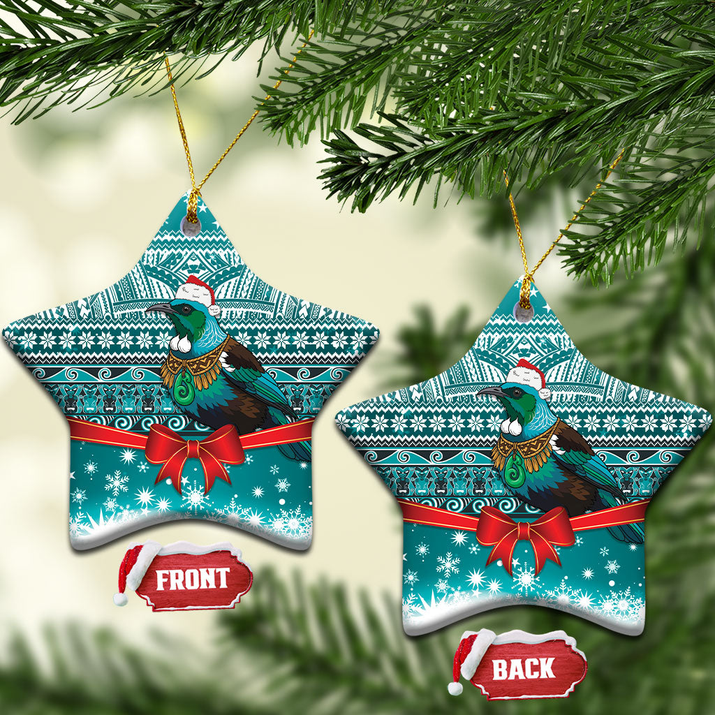 New Zealand Tui Bird Christmas Ceramic Ornament Maori Inspired Knitted Patterns LT9 Star Turquoise - Polynesian Pride