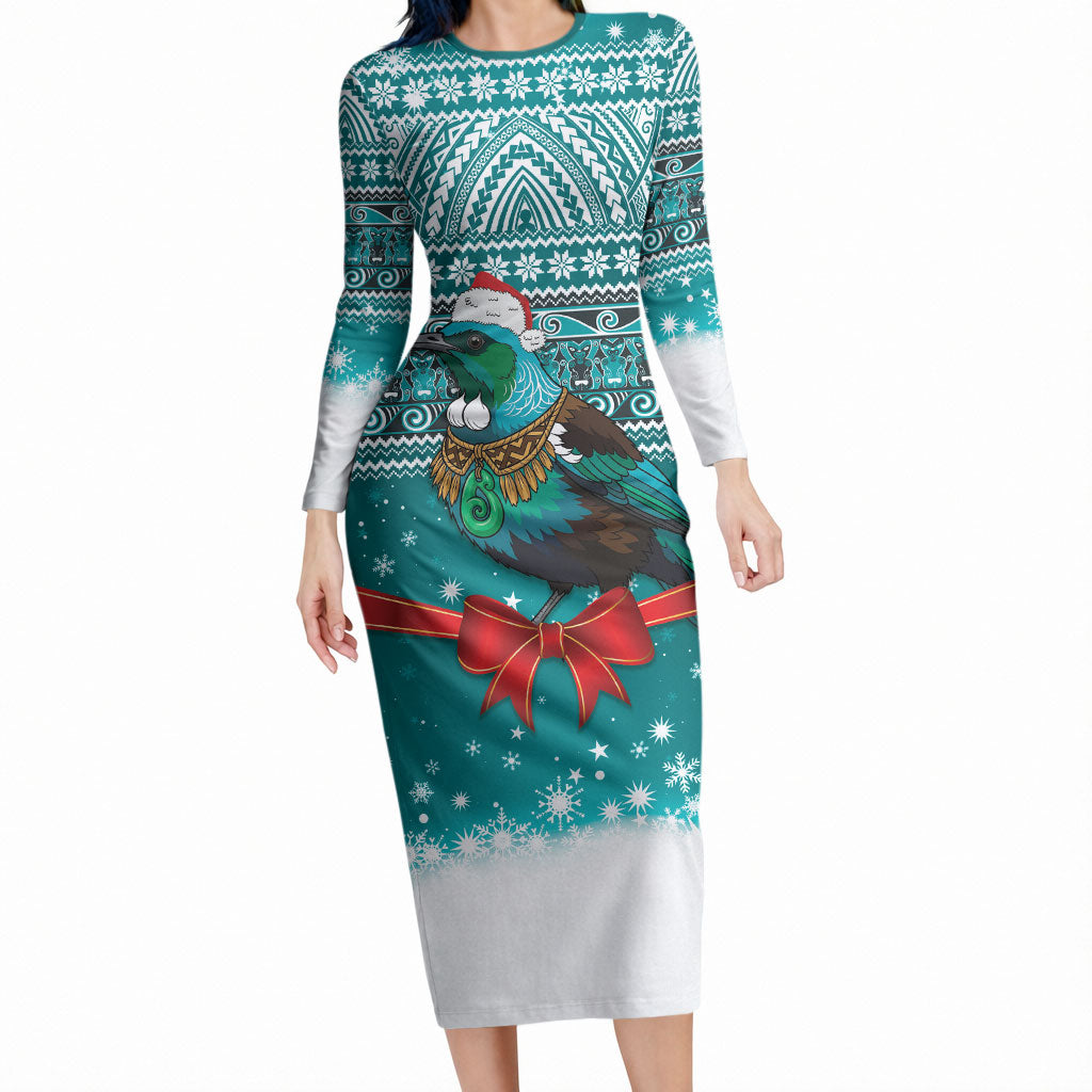 New Zealand Tui Bird Christmas Long Sleeve Bodycon Dress Maori Inspired Knitted Patterns LT9 Long Dress Turquoise - Polynesian Pride