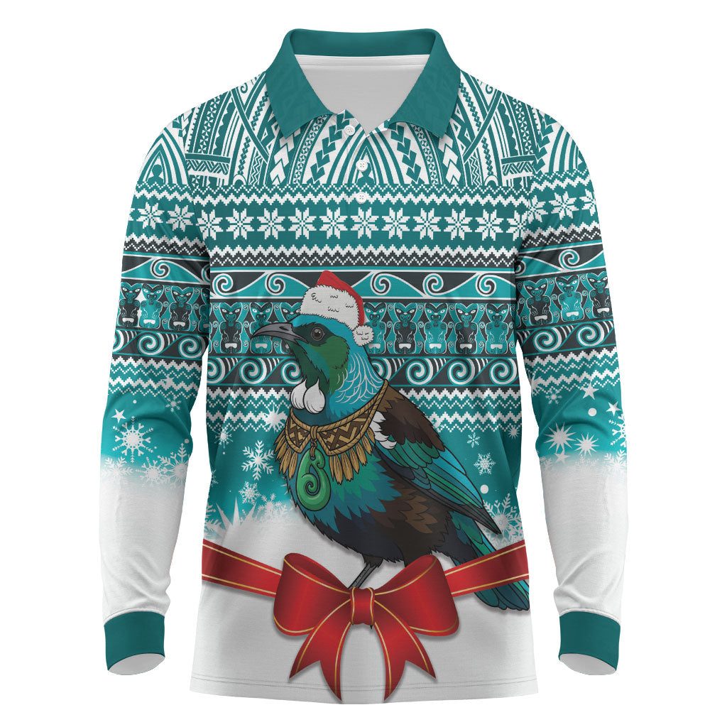 New Zealand Tui Bird Christmas Long Sleeve Polo Shirt Maori Inspired Knitted Patterns LT9 Turquoise - Polynesian Pride