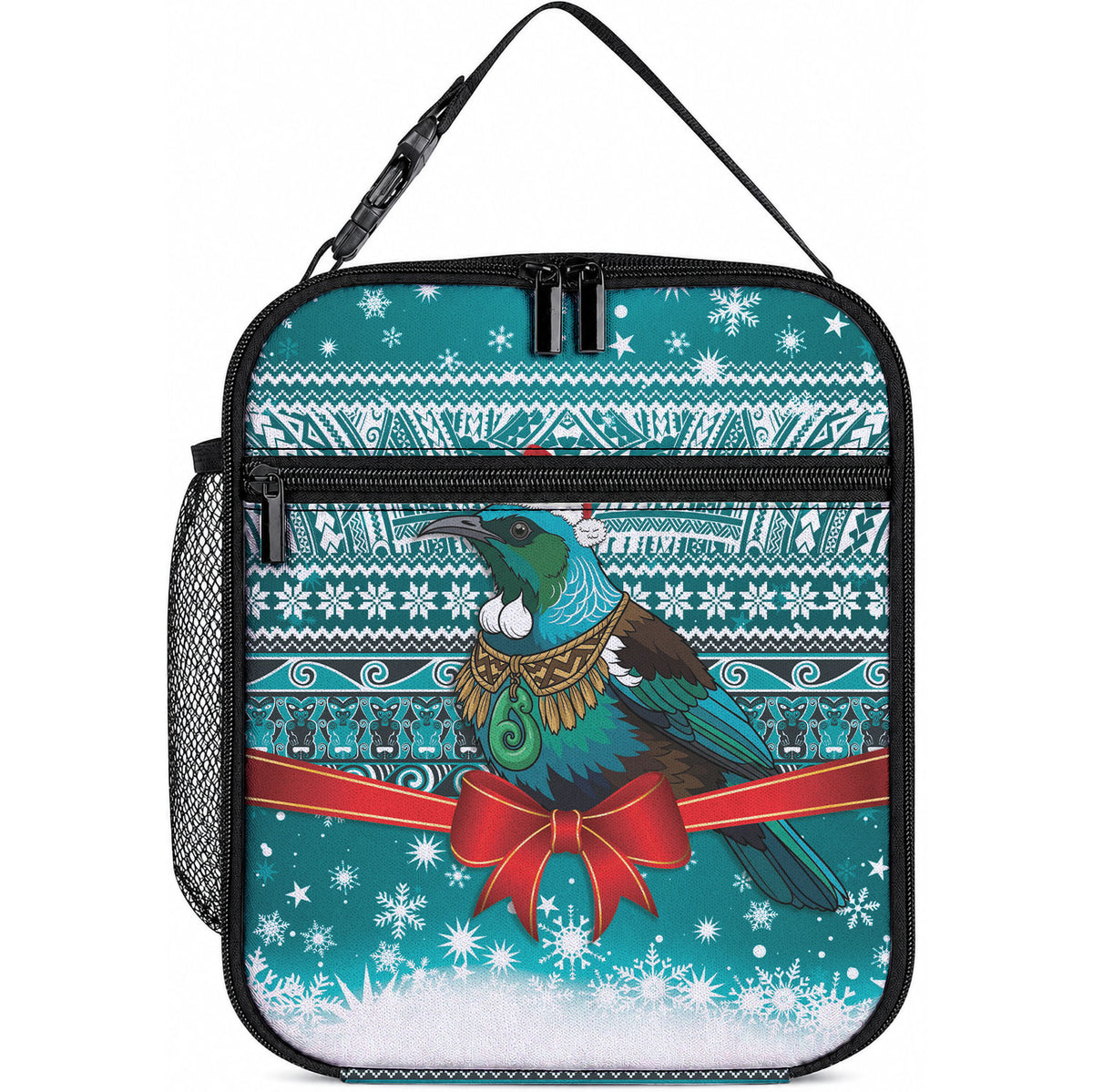 New Zealand Tui Bird Christmas Lunch Bag Maori Inspired Knitted Patterns LT9 10.2 × 8.3 × 4.3 inch Turquoise - Polynesian Pride