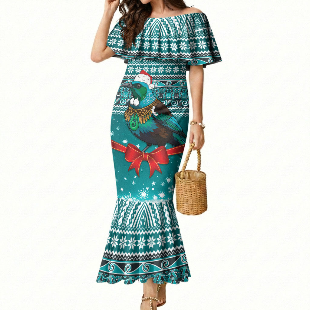 New Zealand Tui Bird Christmas Mermaid Dress Maori Inspired Knitted Patterns LT9 Women Turquoise - Polynesian Pride